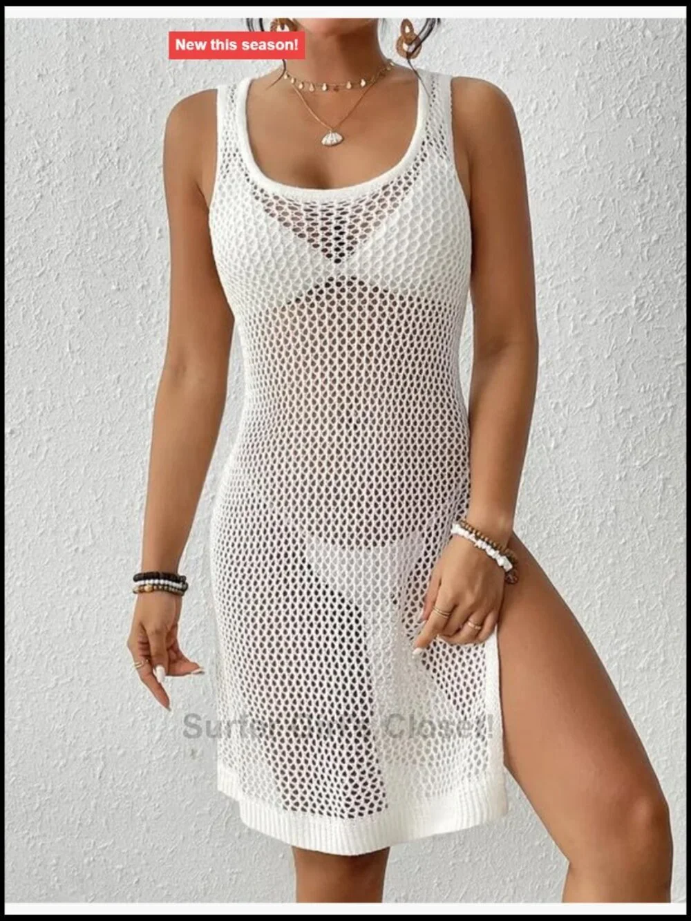 Crochet Beach Cover Up Dress with Side Slit Hollow Out Pool Bikini Swimwear